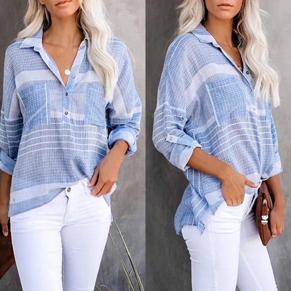 Button Front Rolled Sleeve Mixed Striped Blouse - Picture 3 of 3